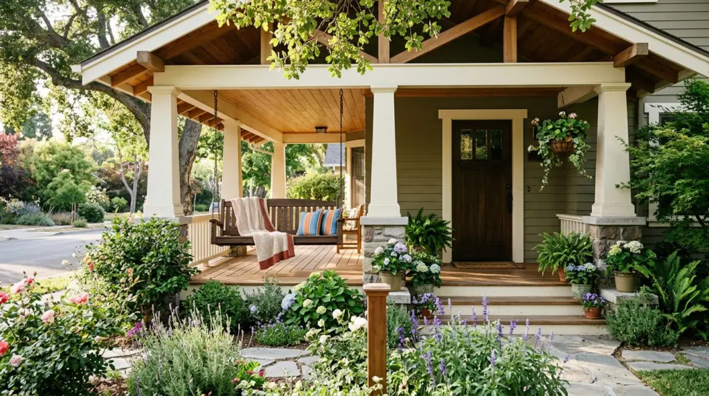 The charming porch of a craftsman home near the University of La Verne, featuring a well-maintained garden and a classic wooden swing.