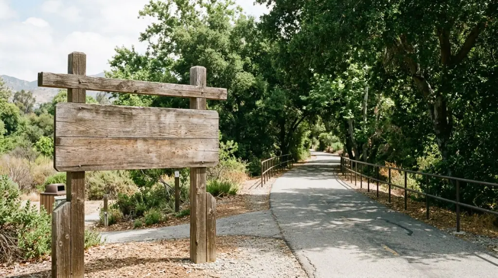 A close-up view of the entrance to the Pacific Electric Trail in Rancho Cucamonga, with a weathered sign indicating the trail's name and a paved path disappearing into the distance under tree cover.