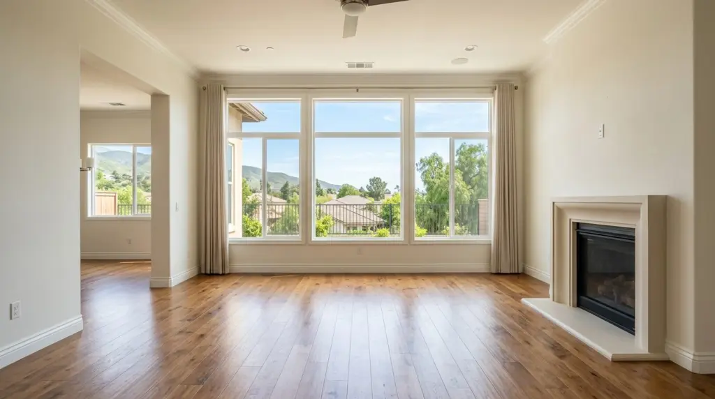 An interior shot of a bright, empty living room in a Rancho Cucamonga home, with natural light pouring through large windows, highlighting the potential for a new owner's personal touches.