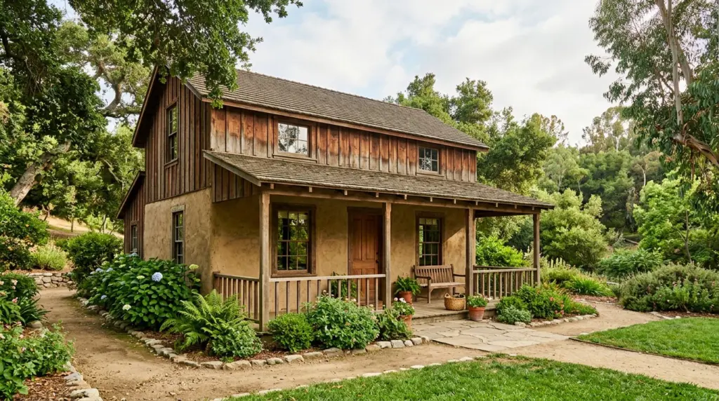 A close-up of the historical William R. Rowland Adobe Redwood Ranch House at Lemon Creek Park, showing its restored facade and surrounding greenery.