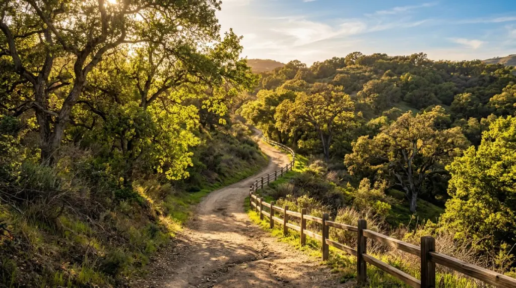 Sunlight catching the leaves along one of Walnut's equestrian and hiking trails, winding through native oak trees on a gentle hillside.