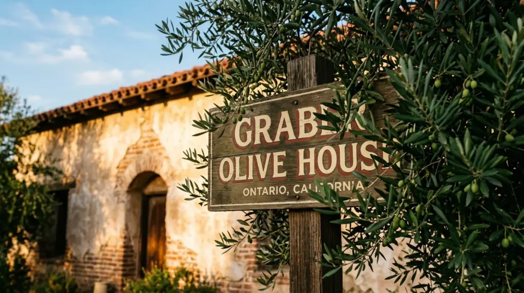 A close-up view of the historic Graber Olive House sign, partially obscured by the leaves of an olive tree, with the warm afternoon light reflecting off the building's facade.
