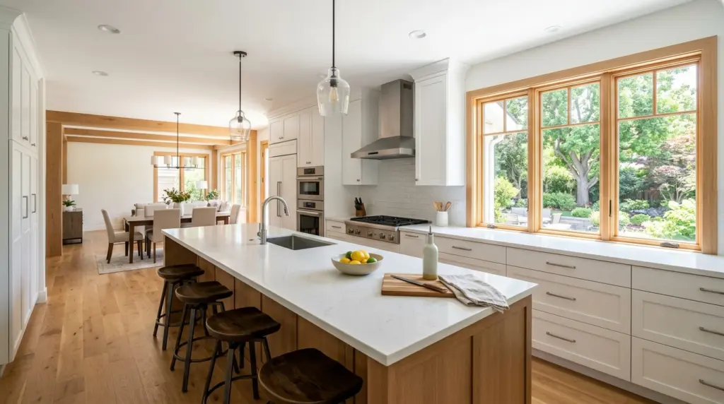 An interior shot of a bright, open-concept kitchen in an Ontario home, featuring a large island and modern appliances, with natural light streaming through a window.