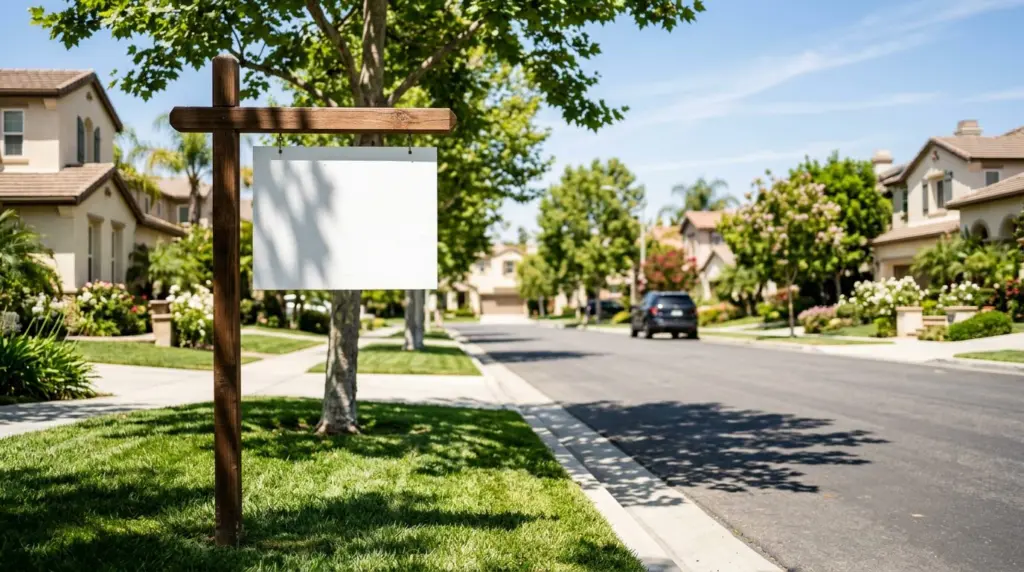 A close-up of a 'For Sale' sign post with a subtle shadow cast by a mature tree, in front of a well-maintained residential street in Ontario.