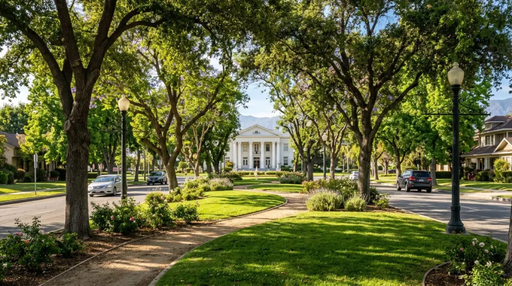 Sunlight filtering through the trees onto the manicured median of Euclid Avenue, with the iconic white columns of a historic building visible in the distance.