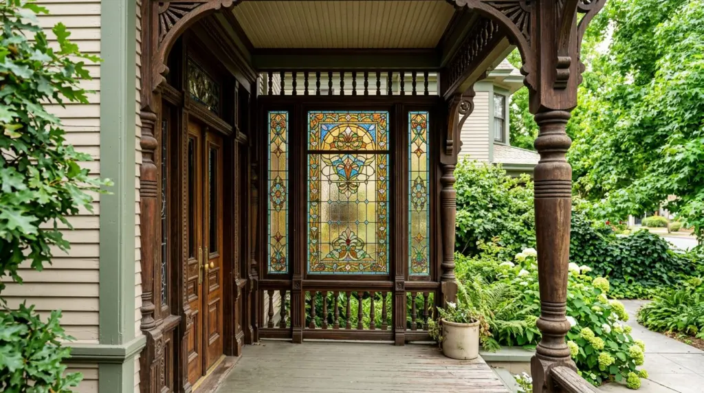 A close-up of intricate stained-glass windows and detailed woodwork on the porch of a well-maintained Victorian home in Pomona's historic district, with lush green foliage.