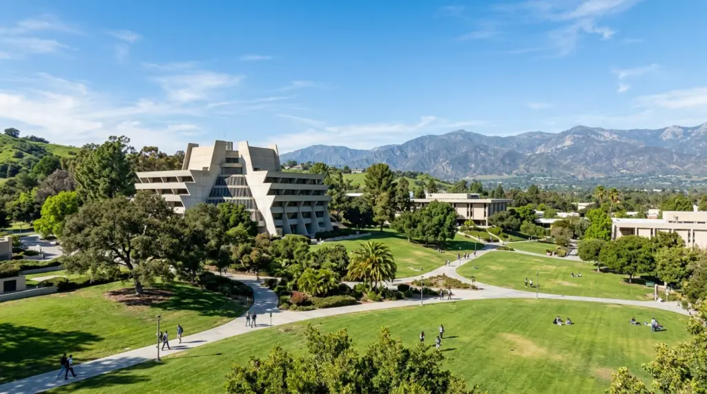 A wide shot of the Cal Poly Pomona campus grounds, featuring its distinctive modernist architecture and expansive green spaces under a clear Southern California sky.