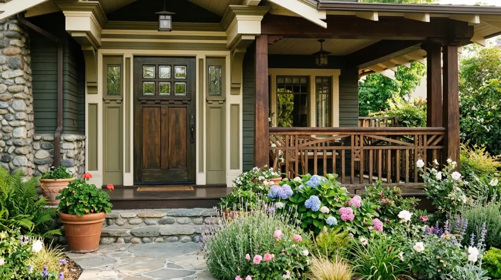 A close-up of a craftsman home's detailed porch railing and front door, with a well-maintained garden in the foreground.