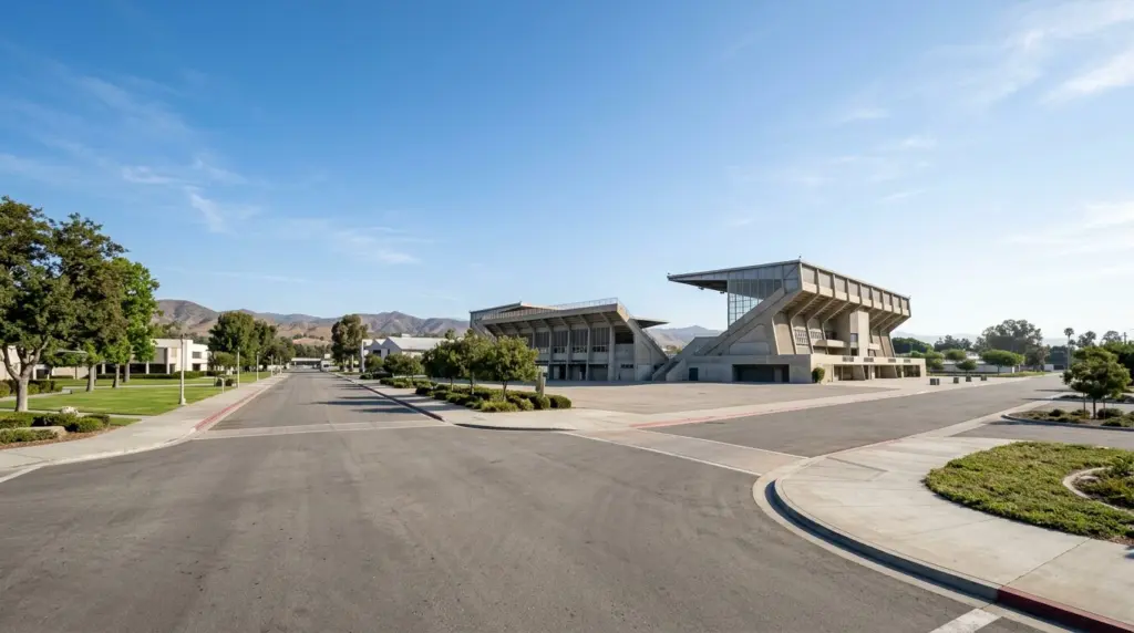 A wide view of the Fairplex grounds on a quiet morning, with the distinctive architecture of one of its exhibition halls visible under a clear sky.