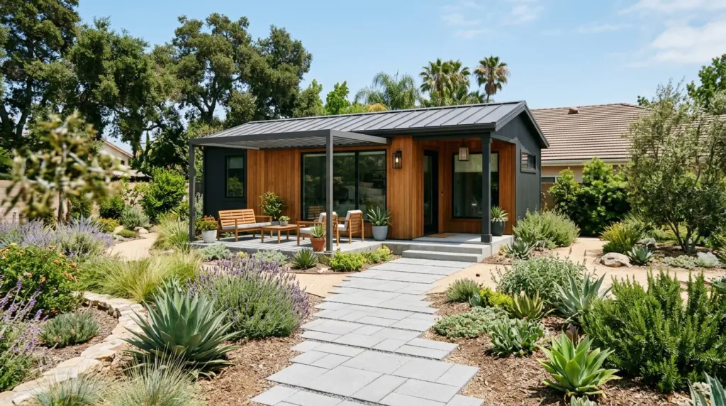 A modern accessory dwelling unit (ADU) nestled in a backyard with drought-tolerant landscaping and a newly paved path.
