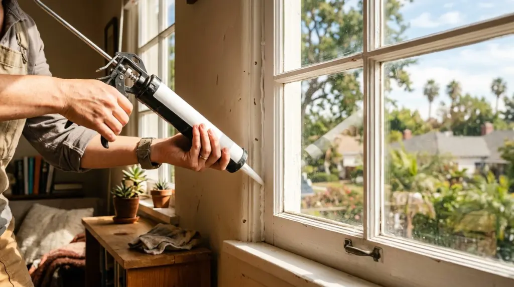 A pair of hands carefully sealing a drafty window frame with caulk, sunlight streaming through.