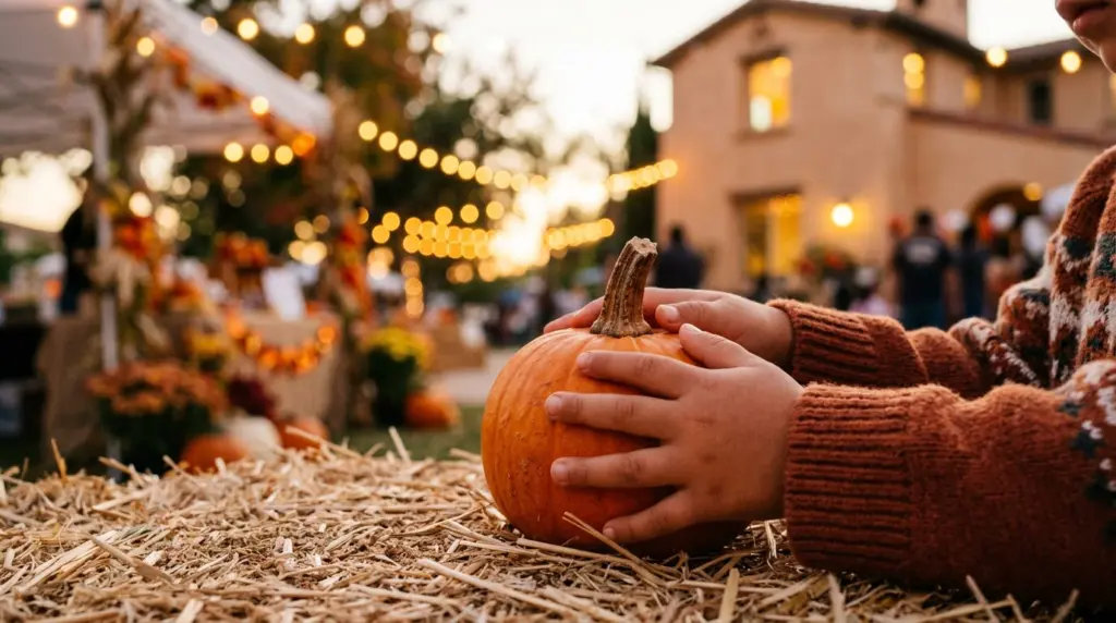 A close-up of a child's hands gently touching a small pumpkin on a hay bale at a community fall festival, with soft bokeh lights from string decorations in the background and a subtle hint of stucco architecture.