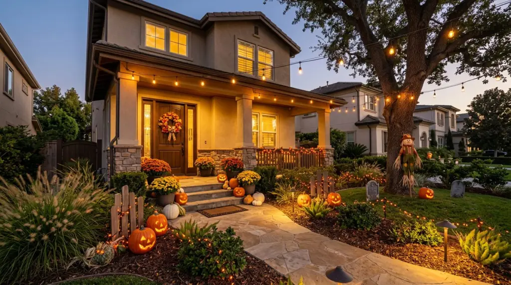 A wide view of a festive trunk-or-treat event in a modern HOA community, showing several cars with creative, friendly decorations and a few costumed adults chatting as string lights crisscross overhead.