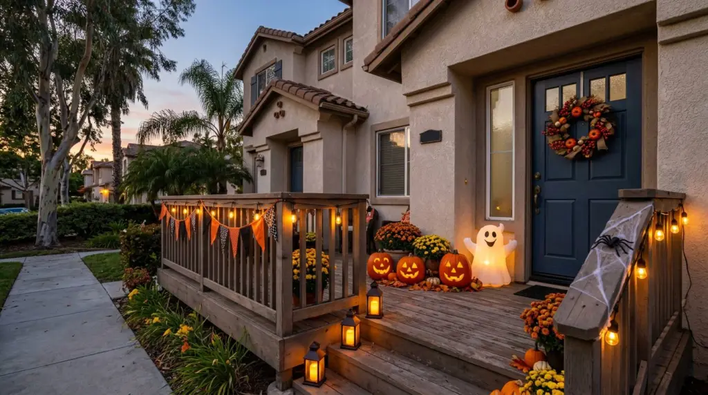 A decorated patio space of a Rialto townhome, showcasing weather-resistant fabric banners tied to railings, a few battery-operated lanterns casting a warm glow, and a small, friendly inflatable secured with weights, all designed for easy removal.