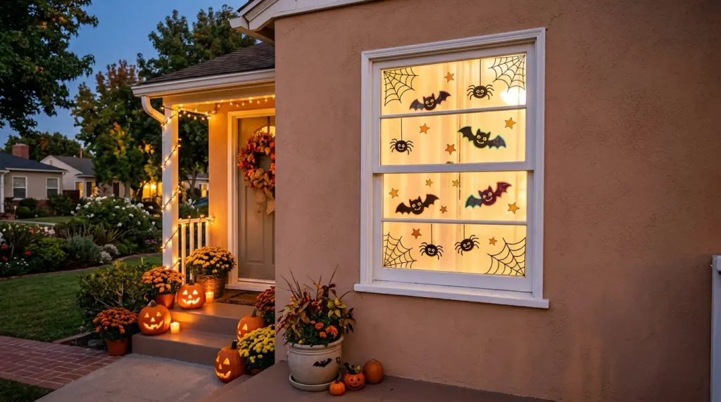 Close-up of a window on a stucco home in Rialto, adorned with cheerful, reusable Halloween gel clings depicting friendly bats and spiders, illuminated by soft interior light.