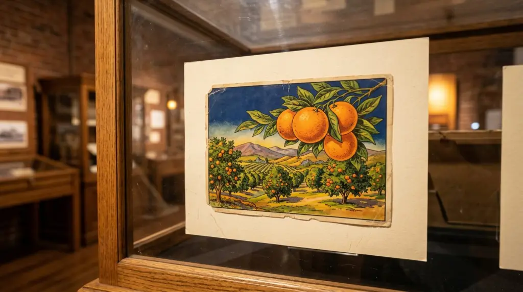 A close-up of a vintage citrus label from the Rialto Historical Society museum's exhibit, with the soft glow of interior lighting on the display case glass.