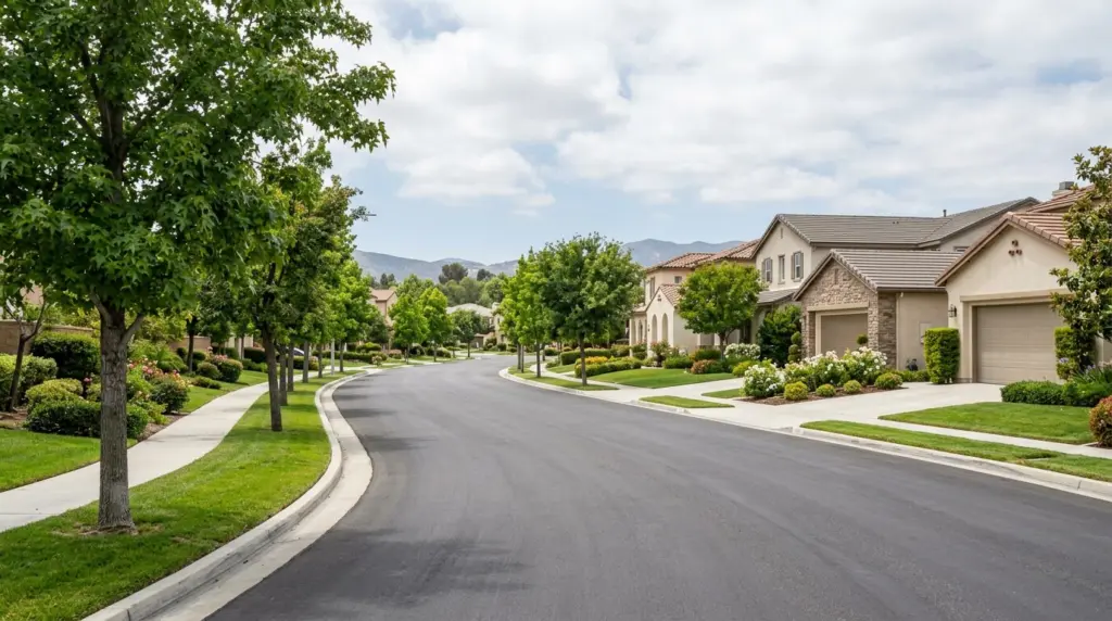 A quiet street scene in one of Rialto's north-side planned communities, featuring well-maintained single-family homes with neat landscaping and a tree-lined sidewalk, with no visible people.