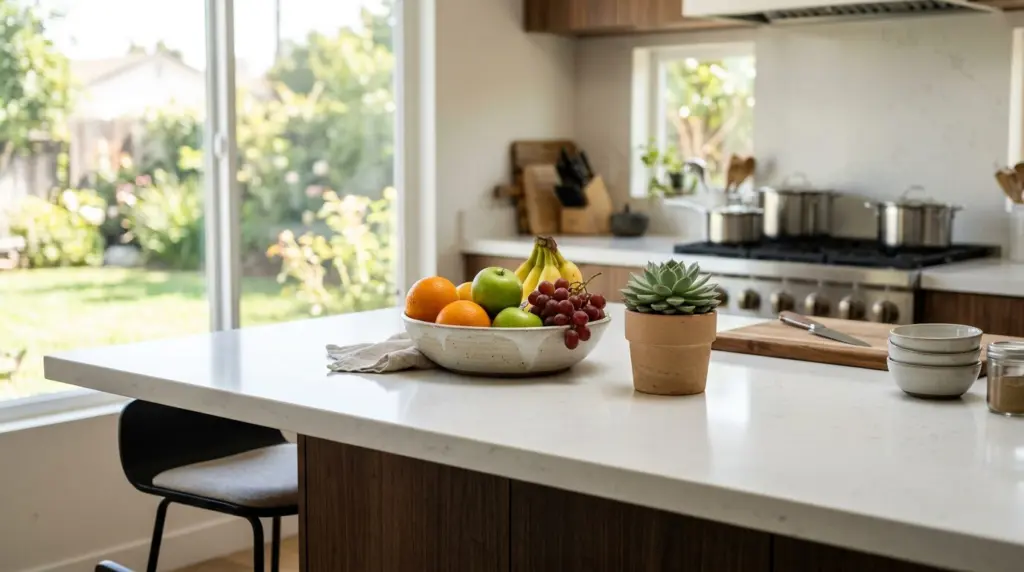 A close-up of a meticulously staged kitchen island in a modern Ontario home, featuring a bowl of fresh fruit and a single potted succulent.