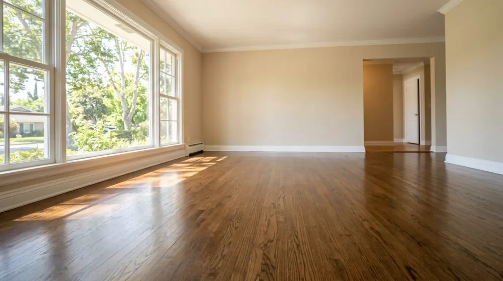 Sunlight streaming through a window onto a polished hardwood floor in a spacious living room, highlighting the clean lines of an empty, well-maintained space.