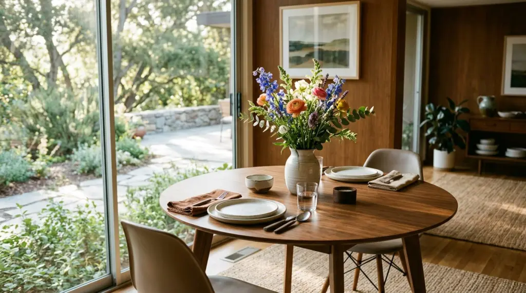 A close-up of a neatly staged dining room table inside a mid-century modern Claremont home, a vase of fresh flowers catching the morning light through a large window.