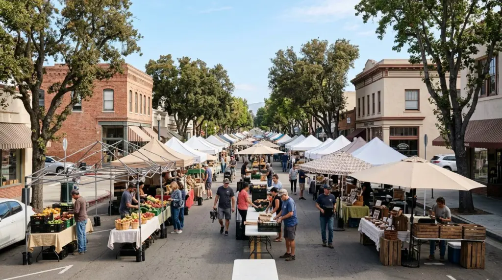 A wide shot of Harvard Avenue on a Sunday morning, with vendors setting up their stalls for the Claremont Farmers & Artisans Market under a clear, bright sky.