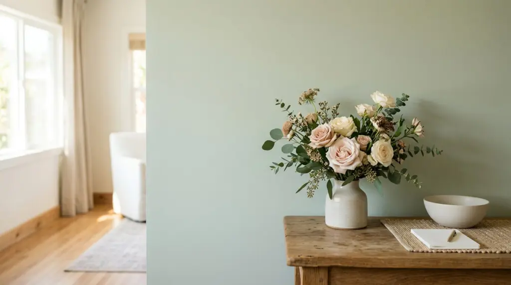 A close-up shot of a freshly painted interior wall in a home, with a subtle floral arrangement on a nearby wooden table, suggesting readiness for showing.