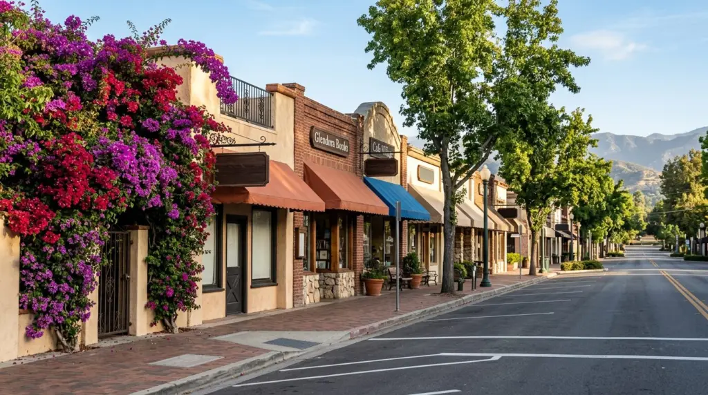 A sun-drenched, empty street in Glendora Village, showcasing the charming architecture of local boutiques and cafes, with vibrant bougainvillea spilling over a wall.