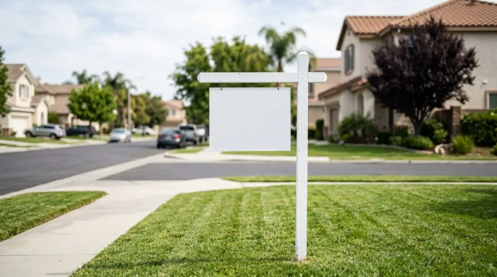 A close-up shot of a 'For Sale' sign standing firmly in a manicured front lawn, with the blurred image of a street and suburban homes in the background.