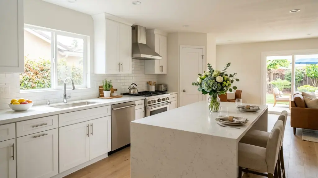 A meticulously organized and brightly lit kitchen interior, showcasing clean countertops and modern appliances, prepared for a home showing.