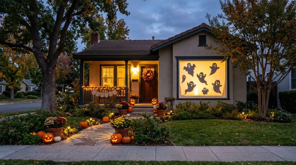A window of a Glendora home showcasing a projector display of friendly, silhouetted ghosts drifting across the pane, visible from the sidewalk.