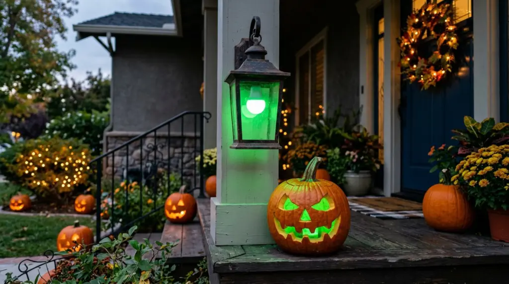 Close-up of a smart color-changing bulb in a porch light fixture, casting an eerie green glow onto a carved pumpkin on a wooden porch step.