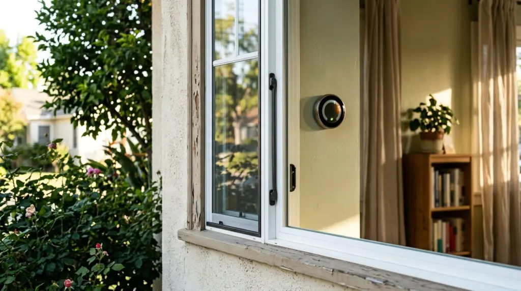 A close-up shot of an energy-efficient window in an older La Verne home, with a smart thermostat visible on the wall inside, reflecting natural light.