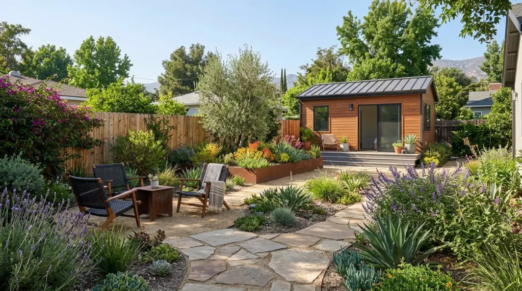 A well-organized, small backyard space in La Verne featuring drought-tolerant landscaping and a newly constructed, compact Accessory Dwelling Unit in the distance.
