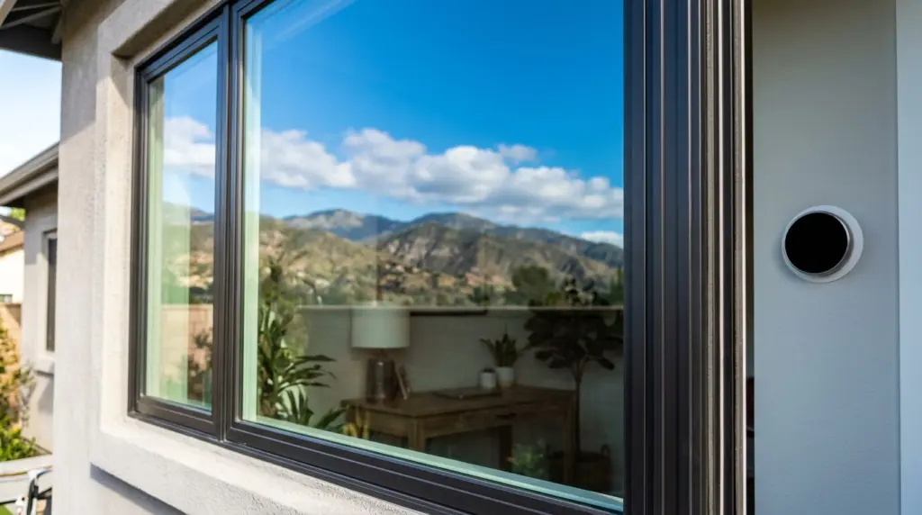 A close-up of a modern, energy-efficient dual-pane window reflecting the clear Azusa sky, with a smart thermostat visible on an interior wall just beyond the frame.