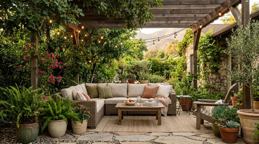 A shaded outdoor patio space in an Azusa backyard, complete with comfortable seating, a string of ambient lights, and potted plants, suggesting a perfect spot for relaxation and entertaining.