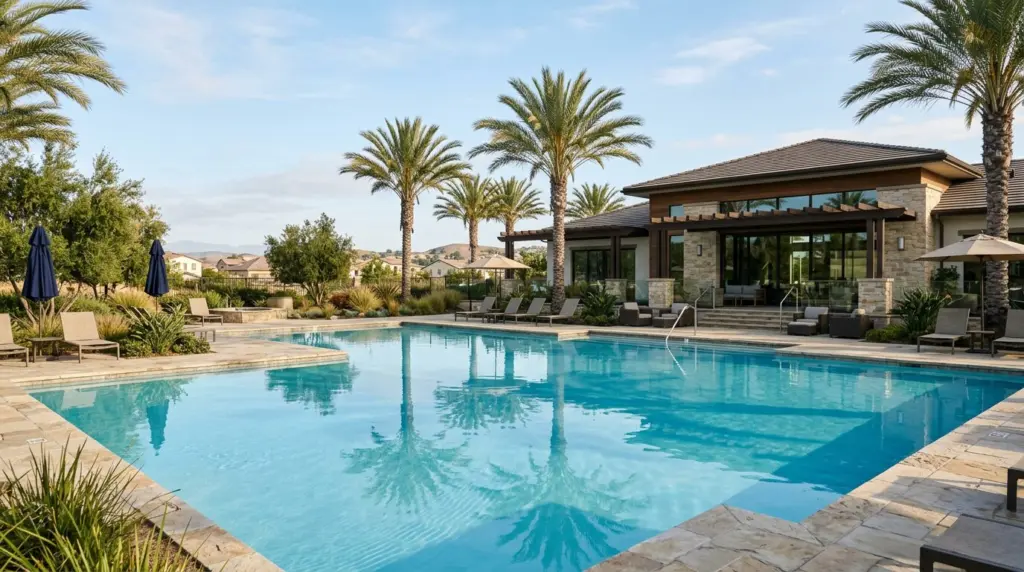 A tranquil scene at one of The Preserve's amenity centers, featuring a sparkling community pool reflecting palm trees and the modern architecture of the clubhouse.