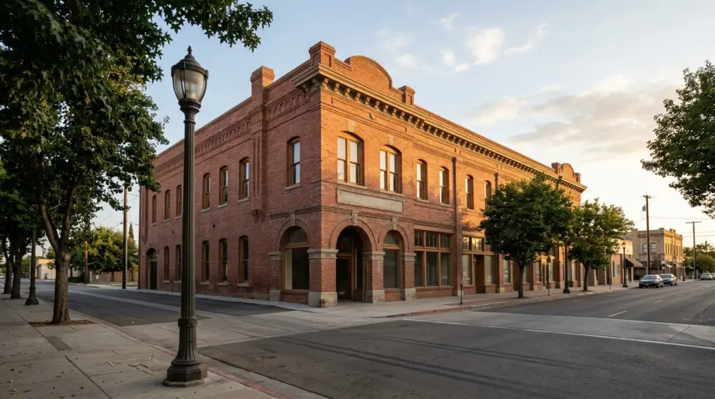 The historic Moyse Building on Seventh Street, its brick facade catching the late afternoon sun, with a classic street lamp in the foreground.