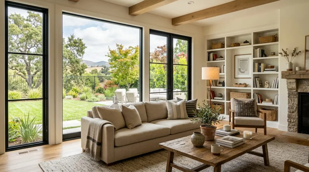 A meticulously staged living room of a Chino Hills home, featuring large windows looking out onto a manicured backyard, with warm, inviting lighting.