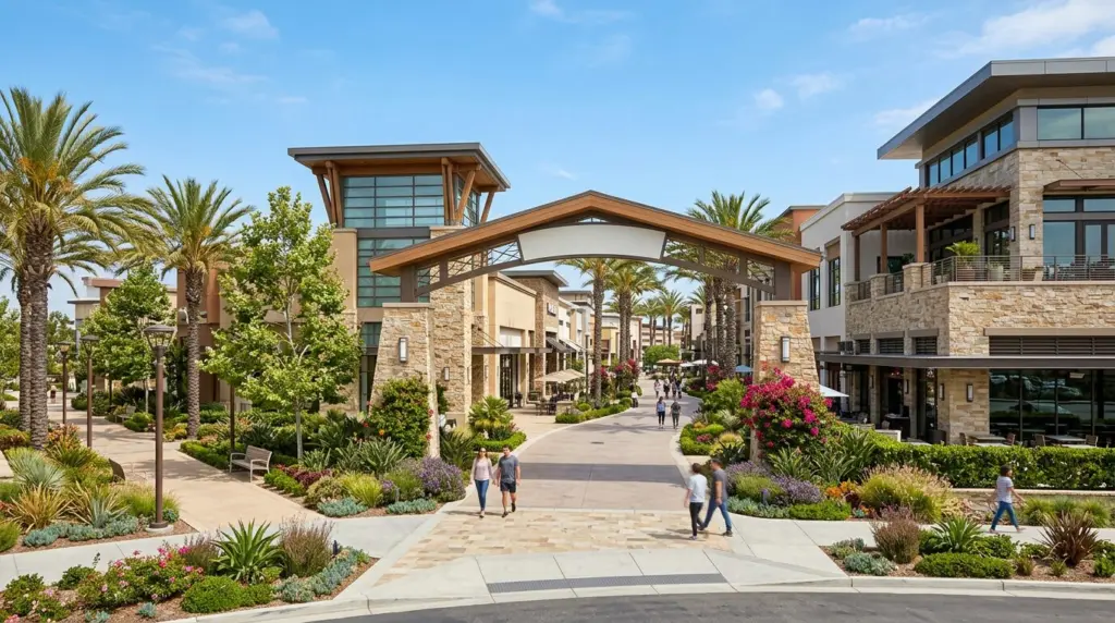 The entrance to the Shoppes at Chino Hills on a sunny day, showcasing modern architecture and lush landscaping, hinting at local amenities.