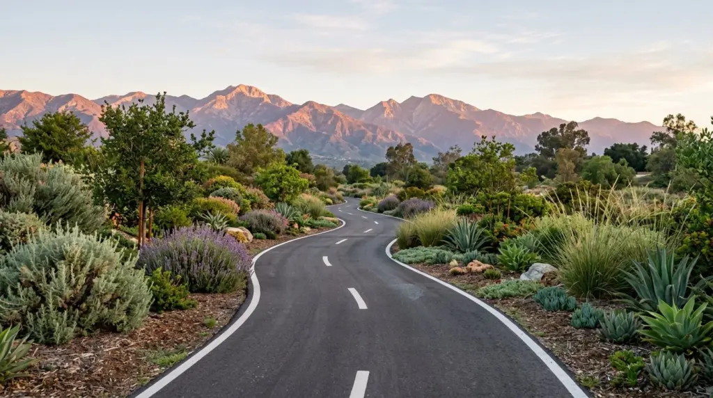 A segment of the Pacific Electric Trail at dawn, showing the paved path winding through lush, drought-tolerant landscaping with the soft glow of the rising sun just beginning to touch the distant peaks.