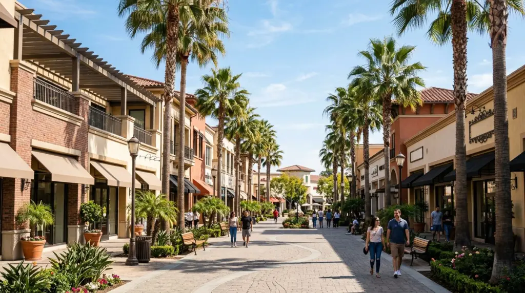 A view down an open-air promenade at Victoria Gardens, with architectural details of shops visible and mature palm trees casting shadows on the walkway.
