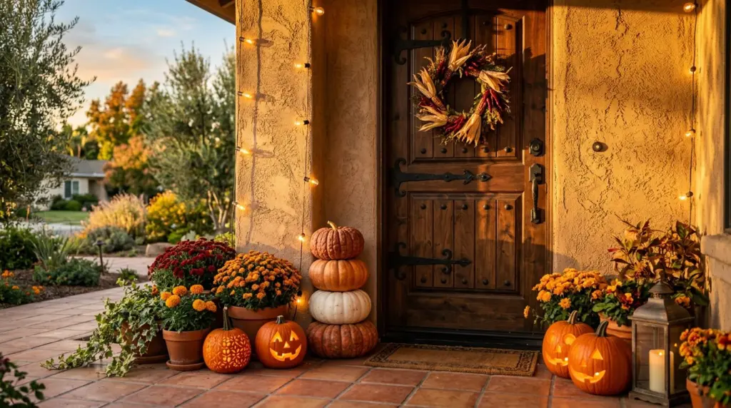 A golden-hour close-up of a heavy carved wood front door with black wrought-iron hardware and a dried corn and red chile wreath, a stack of rust and orange pumpkins on Saltillo tile at the threshold, with warm side light raking across textured stucco.