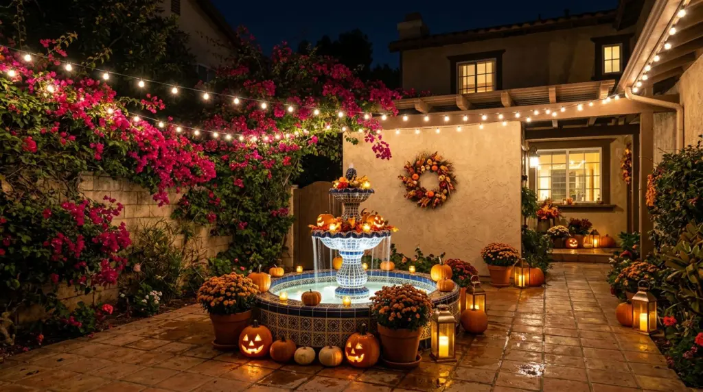 A night scene in a small stucco courtyard featuring a blue-and-white tiled fountain ringed by small pumpkins and glowing candle lanterns, with warm string lights overhead and magenta bougainvillea spilling over the wall.