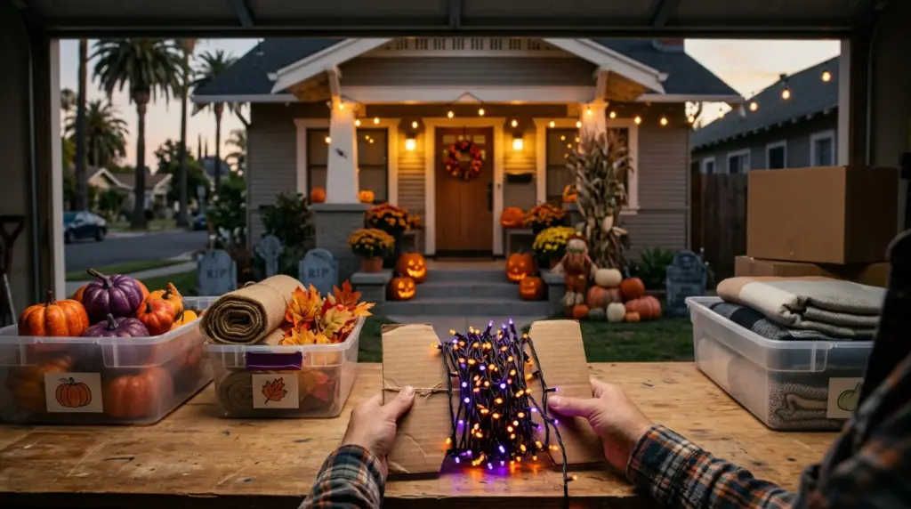 A person carefully coiling a strand of orange and purple LED Halloween lights around a piece of cardboard, with other organized decor items visible in the background of a garage workbench.