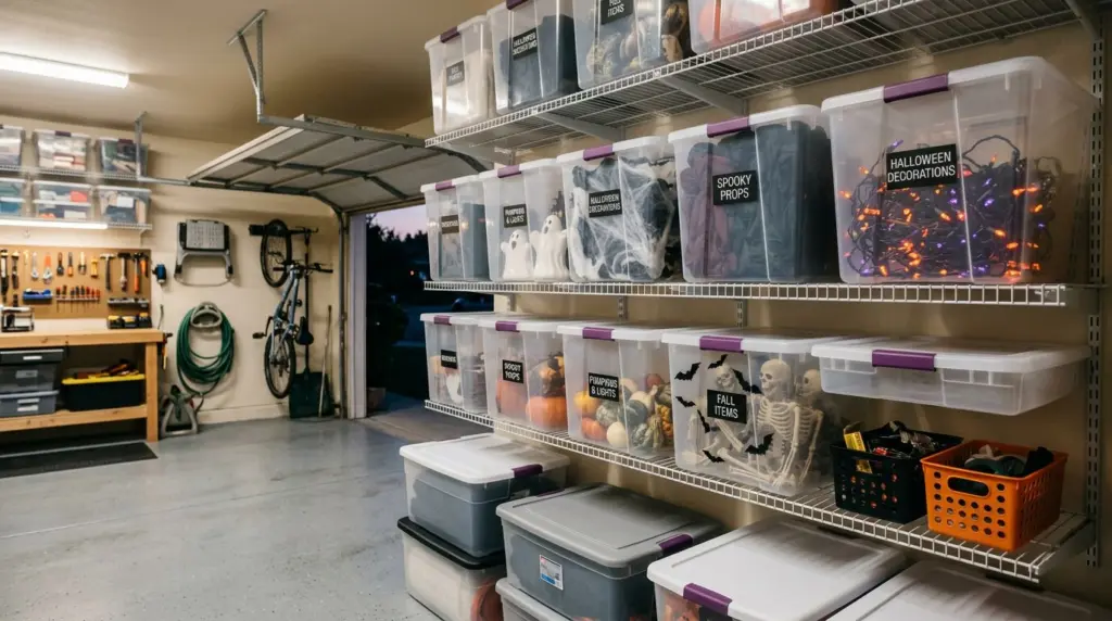 The interior of a clean, organized garage in a Pomona home, featuring clear, labeled storage bins stacked neatly on wall-mounted shelves, with some bins visibly containing Halloween-themed items.