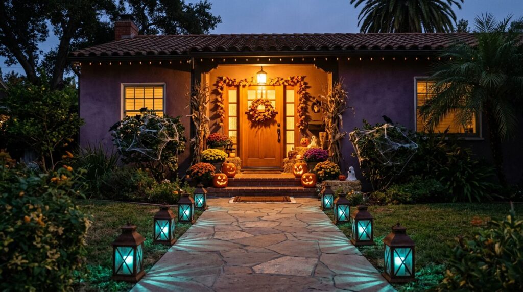 Front walkway at night lined with low teal lanterns forming a leading line to a front door lit warm amber, the steps clearly visible in the warm light, a purple-washed wall and tile roof edge above.