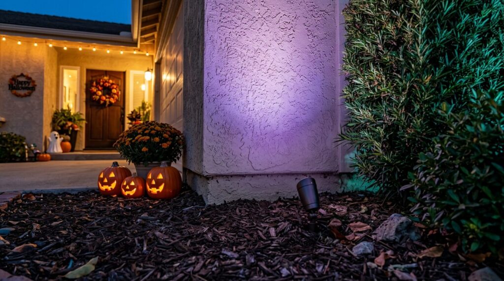Ground-level close-up of a small uplight fixture tucked into mulch at the base of a textured stucco wall, casting a violet wash upward that reveals the wall texture, with the edge of a teal-lit hedge beside it.