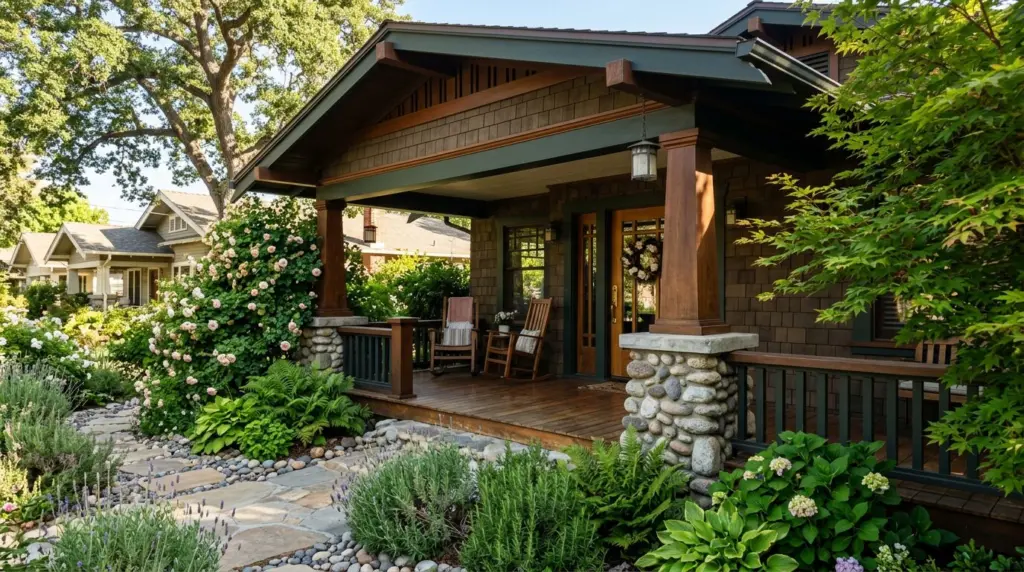 Close-up of a meticulously maintained craftsman home's porch near the University of La Verne, highlighting architectural details and mature landscaping.