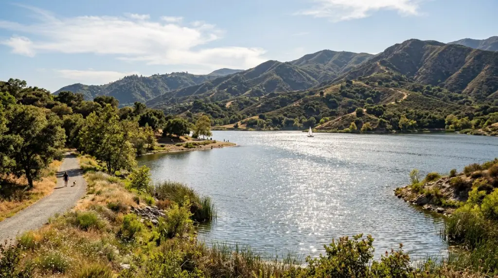 Sunlight glinting off the surface of Puddingstone Lake, with the rolling foothills of Bonelli Regional Park visible in the background, suggesting La Verne's outdoor amenities.