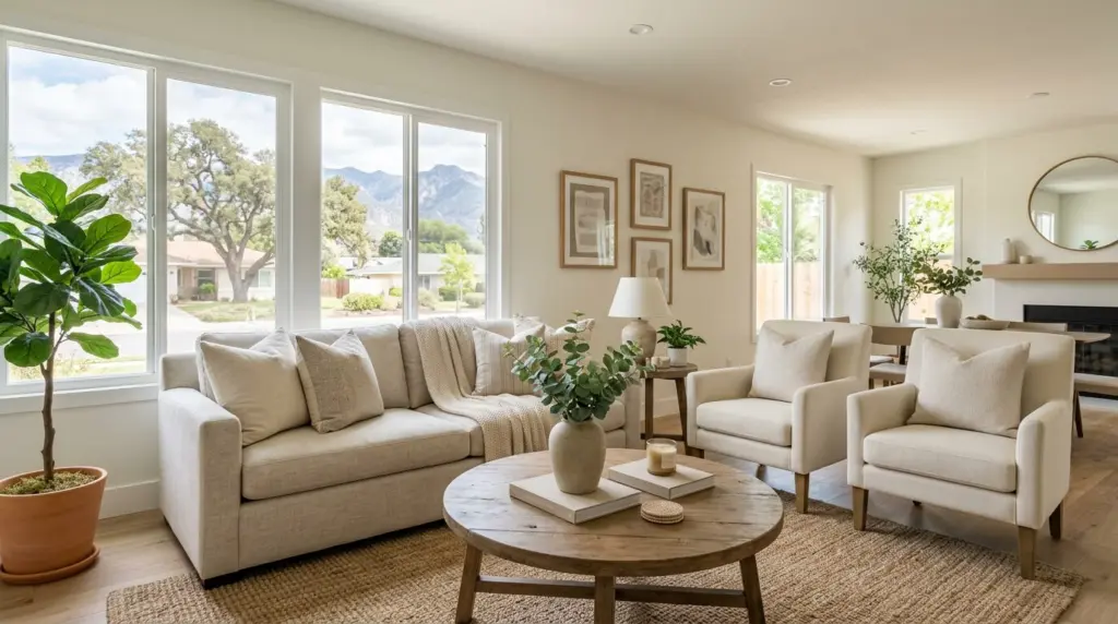 A close-up of a neatly organized living room, featuring neutral decor and natural light, ready for a showing.